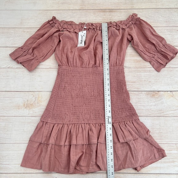 Simplee Women's shirred stretchy body, Bell sleeve Dusty Pink dress Size M - Picture 11 of 14